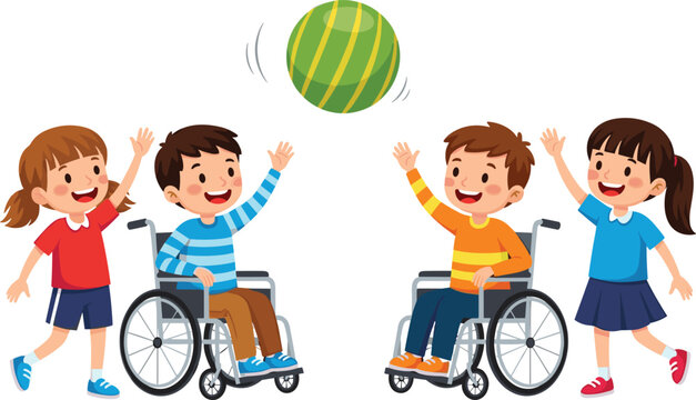 Inclusive group of children and disabled boys in wheelchairs playing with a ball together, diversity and friendship vector illustration, isolated.