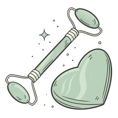 Green jade roller and heart shaped stone for facial massage © Faruk