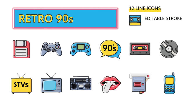 A curated set of vibrant line art icons, depicting nostalgic technological gadgets and pop culture items that defined the energetic and memorable 1990s decade, perfect for evoking retro charm
