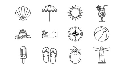 Collection of beach and summer icons including sun, beach ball, umbrella, ice cream, and more, perfect for travel and lifestyle themes © HUANG