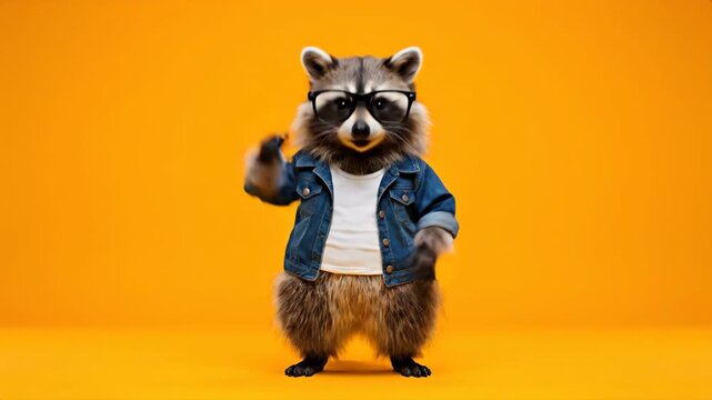 Adorable anthropomorphic raccoon in denim jacket, white t-shirt, and glasses, against orange backdrop