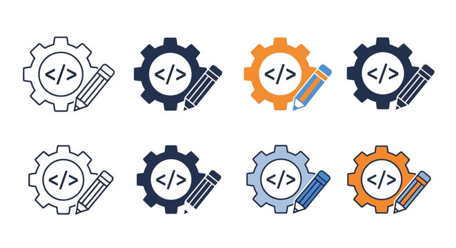 Versatile collection of programming and development icons, illustrating software configuration, code editing, and system customization, perfect for technology interfaces and digital project management
