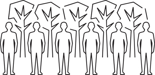 six men standing in a row between abstract tree shapes. one line art icon drawing vector