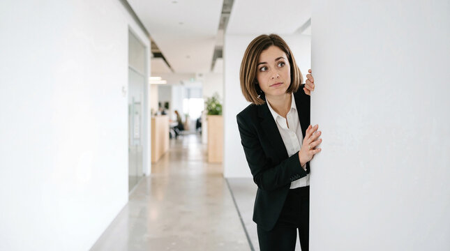Anxious businesswoman peeking around corner in modern office hallway