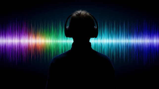 Person wearing headphones with abstract vibrant sound waves emanating outward, mental overload, stress and information burnout concept, cognitive pressure visualization, with copy