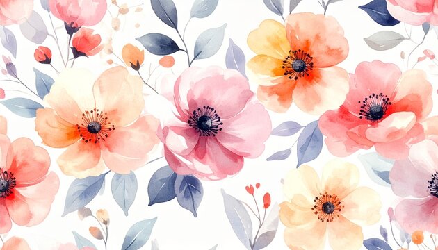 Elegantes Aquarell-Blumenmuster mit handgemalten Bl&uuml;ten und zarten Bl&auml;ttern