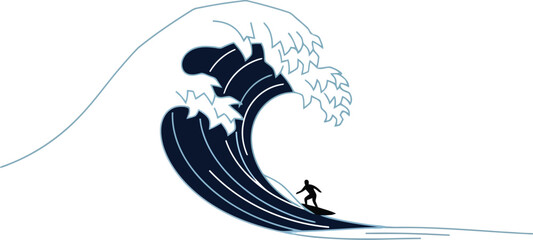 Surfer Riding a Massive Wave in Black and White Illustration © Robert