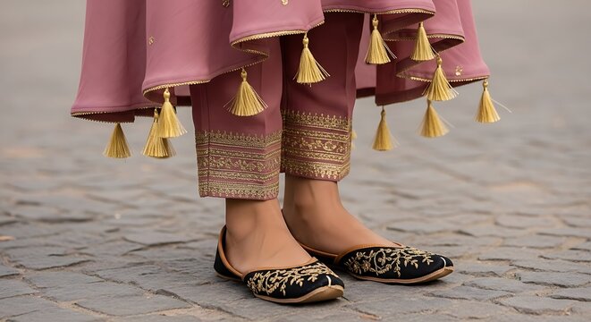 A close up of a woman wearing a mauve ethnic outfit paired with black embroidered traditional shoes