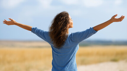 Unrecognizable woman with arms gently outstretched in an open field under blue sky, stretching and breathing, freedom and wellness, soft daylight, with copy space