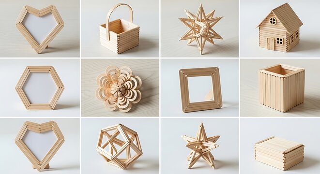 A collection of various creative crafts and geometric shapes made entirely from wooden popsicle sticks