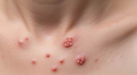 Fototapeta premium Close up view of molluscum contagiosum skin lesions appearing on the neck of an adult patient