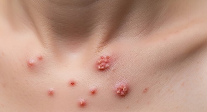 Close up view of molluscum contagiosum skin lesions appearing on the neck of an adult patient