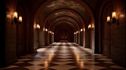 Obraz premium Checkerboard beige and brown stone floor with barrel vaulted ceiling