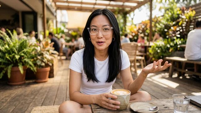 young woman enjoying coffee at outdoor cafe with natural light and greenery