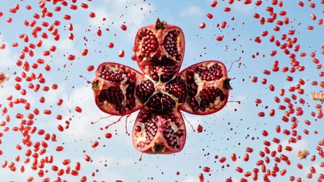 sliced pomegranate exploding in mid-air against blue sky, dynamic and vibrant fruit imagery