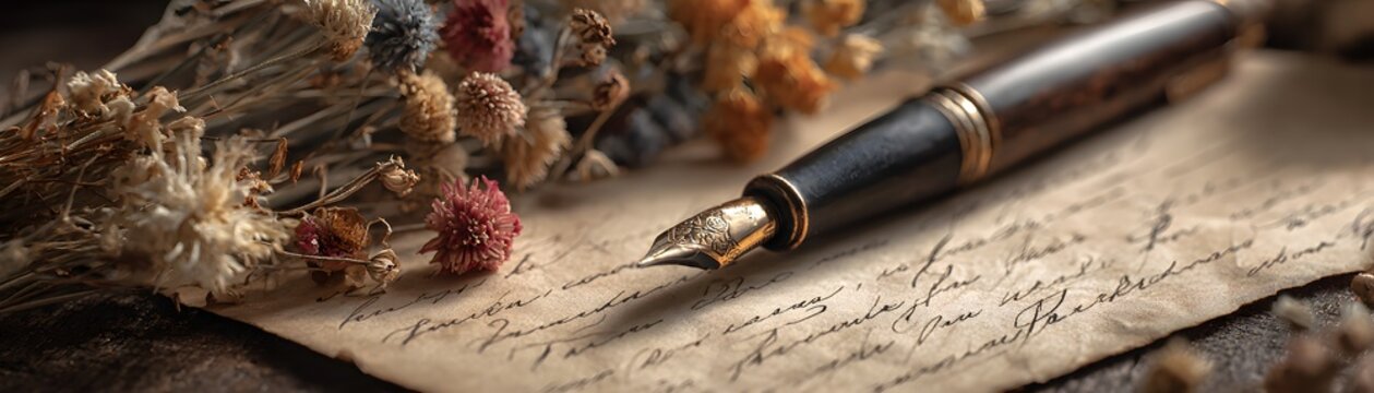 A beautiful still life featuring a vintage fountain pen resting on an old letter surrounded by dried flowers, evoking a sense of nostalgia and timeless elegance.