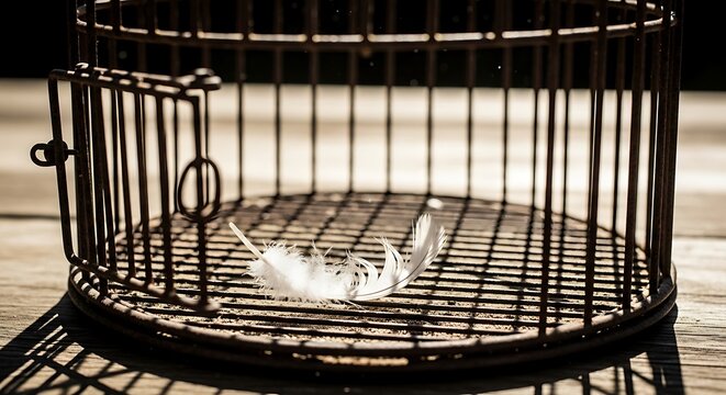Vintage bird cage with open door and feather inside, black and white