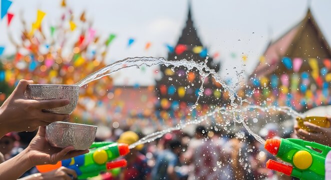 People water splashing celebration during songkran festival in thailand