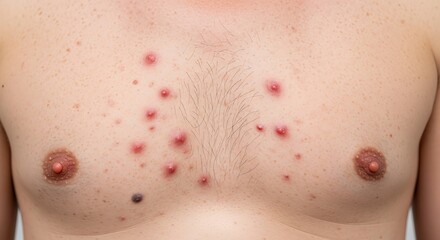 Fototapeta premium A close-up view of a man's chest exhibiting multiple inflammatory acne papules and skin lesions