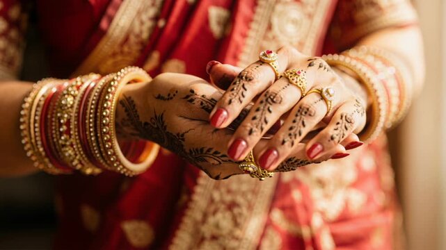 intricate henna design on hands with red sari during traditional indian wedding ceremony