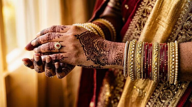 intricate henna design and traditional bangles on a woman's hands during cultural celebration
