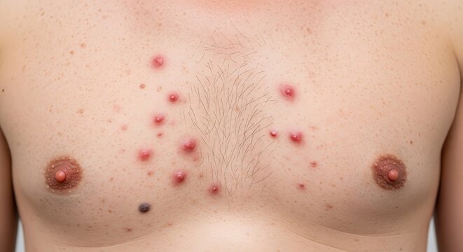 A close-up view of a man's chest exhibiting multiple inflammatory acne papules and skin lesions