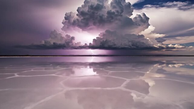 Dramatic Storm Clouds Over Calm Beach with Reflection.