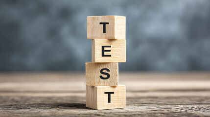 Stacked Wooden Blocks Form Word TEST on Rustic Wood Surface with Blurry Blue Background, Conceptual Image for Evaluation and Assessment