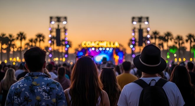 Rear view of crowd enjoying coachella music festival at sunset