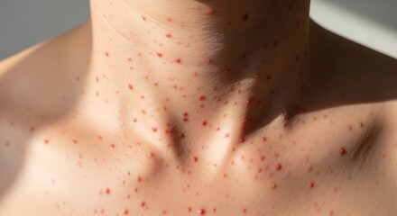 Fototapeta premium A close up view of a person's neck and chest area showing a widespread red rash with small bumps
