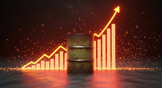 Oil barrel in front of a glowing graph showing an upward trend in prices