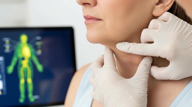 Doctor examining patient's neck for enlarged lymph nodes, seeking signs of infection or disease during a comprehensive medical consultation, lymphatic system scan displayed