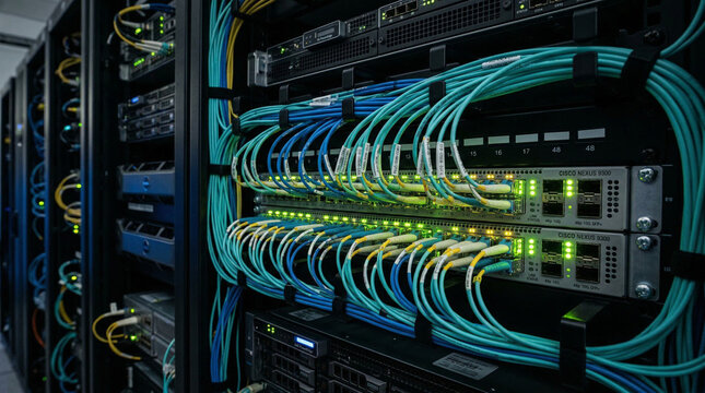 Fiber Optic Cables and Cisco Network Switches in a Modern Data Center Server Rack