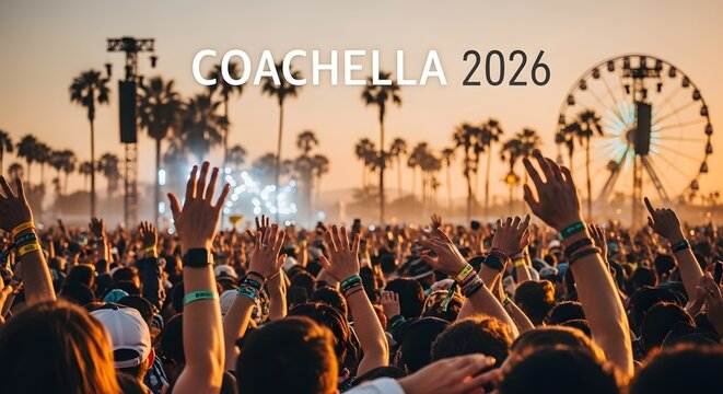 Coachella music festival crowd hands up at sunset palm trees