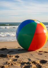 Obraz premium Colorful beach ball on sandy shore by ocean waves on sunny day
