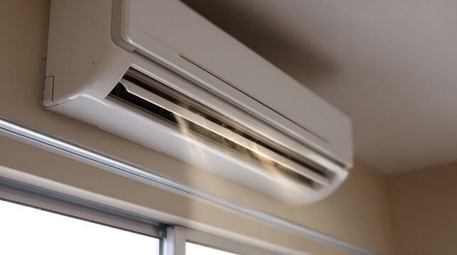 Modern split air conditioner unit on a cream wall, providing cool air in a home or office interior during hot weather, clean white appliance