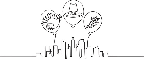 turkey pilgrim hat and cornucopia balloons over city. one line art icon drawing vector
