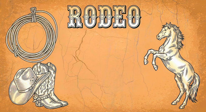 Poster illustration featuring the bold lettering "Rodeo" a striking horse silhouette, cowboy boots, a classic hat, and a coiled lasso. Space for copy text.  Western-themed advertising.