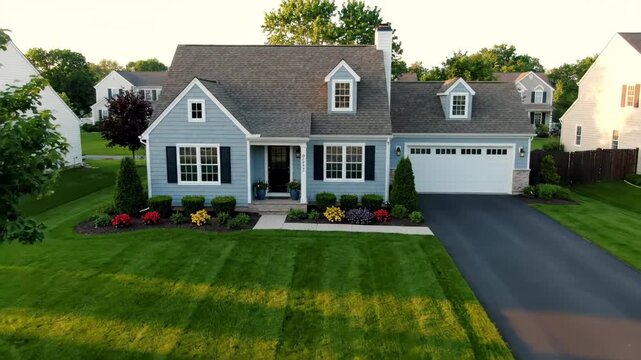 Light blue suburban home with manicured lawn, driveway, and surrounding greenery