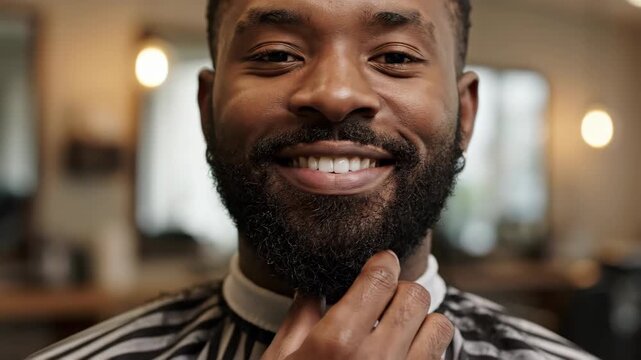 Man with well-groomed beard smiles, touching chin, in a barber shop