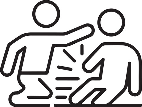 one person slaps and punches the other person. The slapped person falls to the ground and faints. one line art icon drawing vector