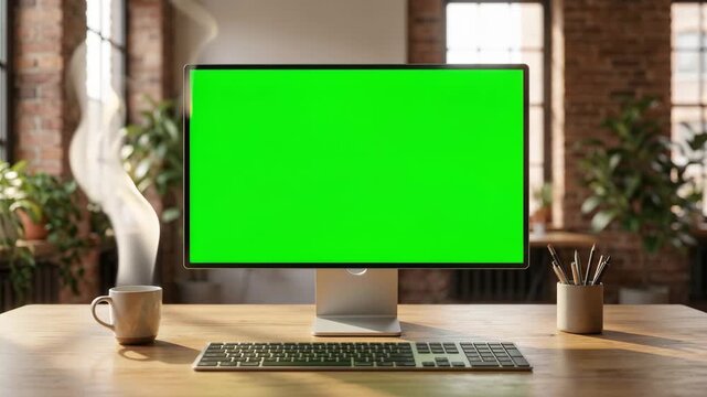 Modern desktop computer monitor with customizable green screen display, an animated steaming coffee mug, and keyboard on a wooden office desk, video footage.
