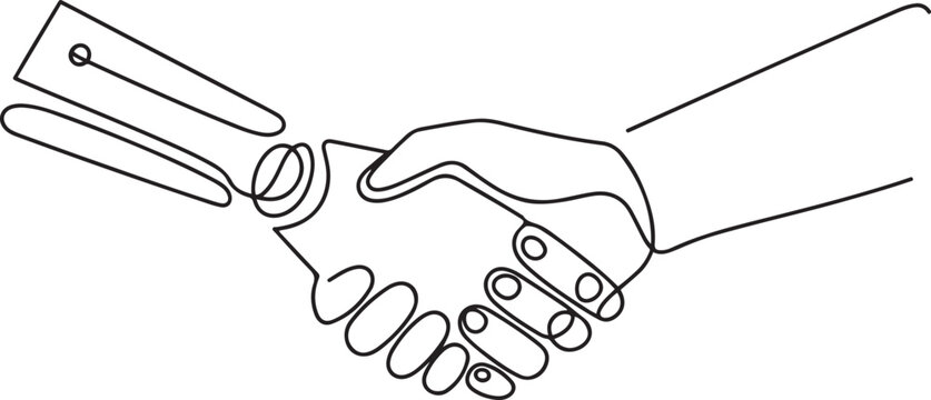 robot hand and human hand deal handshake future tense business. one line art icon drawing vector