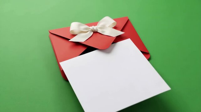 Bright red greeting card envelope with elegant cream bow motion revealing blank white message space video footage