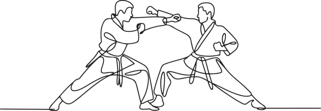 two people close combat karate taekwondo aikido fight practice sport. one line art icon drawing vector