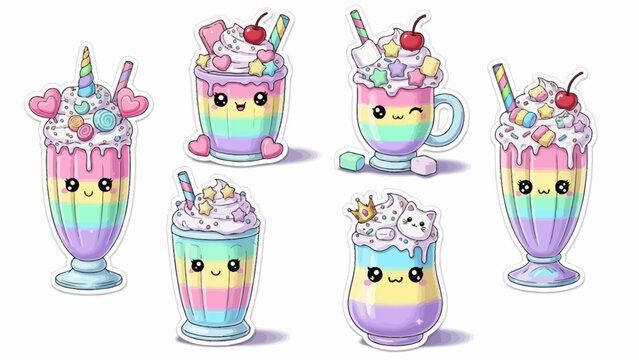 Colorful cartoon milkshake and dessert illustrations with cute faces and toppings