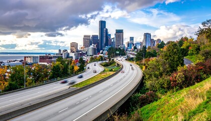 Fototapeta premium City highway vista with fall foliage