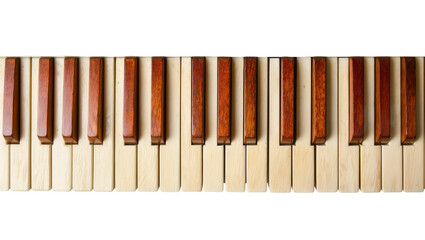 Vintage piano keys, a classic musical instrument element with dark wood and light ivory, isolated on transparent background PNG © Saoirse