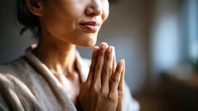 Close up of an Asian woman's hands from above pressed together in a respectful Namaste prayer gesture at chest height fine skin texture and the precise alignment of the palms
