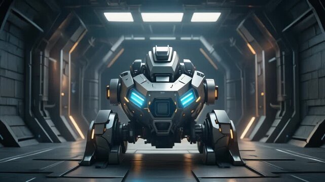 A futuristic robot standing in a sleek metallic corridor with glowing lights.